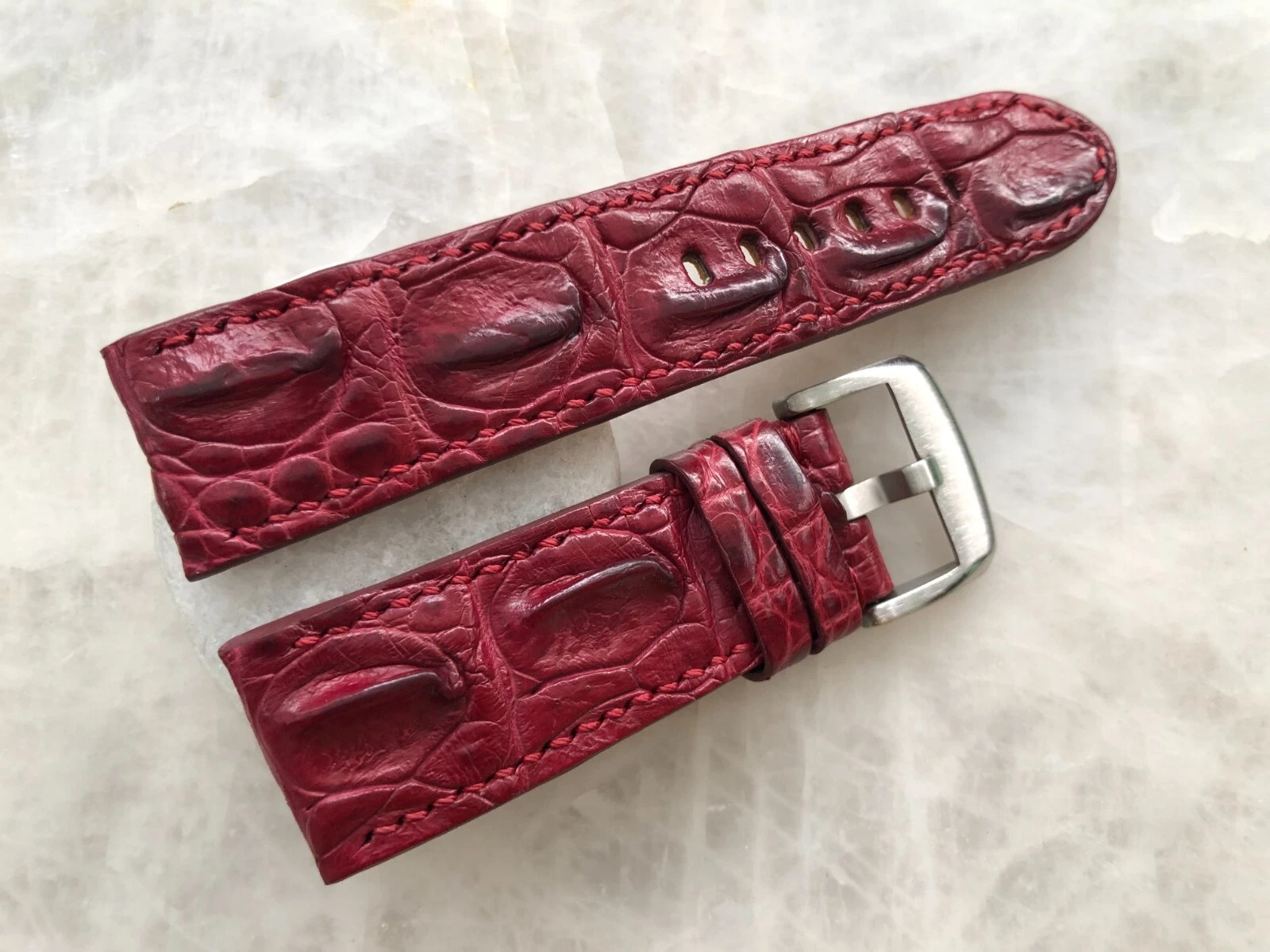 FOR SMALL WRIST 24mm/22mm Burgundy Alligator Crocodile Print Leather Watch Band