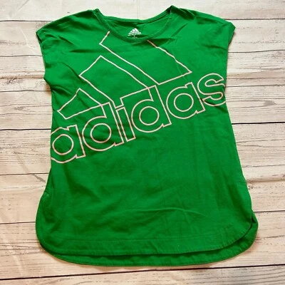 Adidas Short Sleeve Cotton Green Tee Shirt With Pink Logo Girls Size M 10/12 - Image 1 of 4