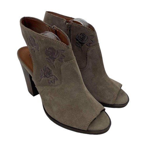 Lucky Brand Size 8.5 Listana Suede Embroidered Peep Toe Bootie Heels NEW