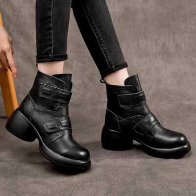 Fashion Women Thick Heel Ankle Boots Warm Shoes Leather