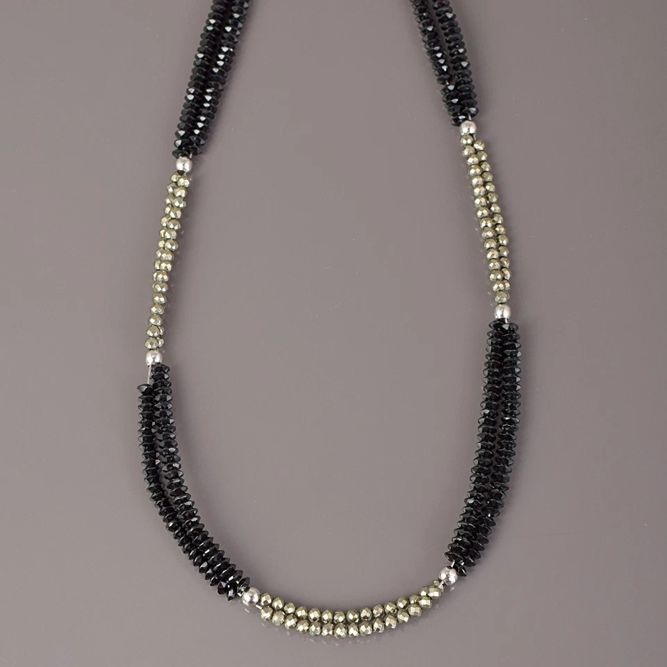 925 Argento Naturale Nero Spinello Pirite Pietra Preziosa Perline 2 Collana - Immagine 2 di 4