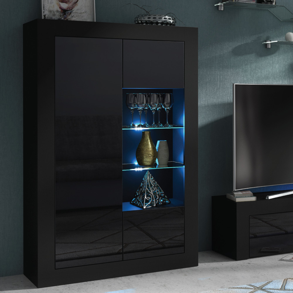 Display Cabinet 140cm | Sideboard | Black| Black Gloss Doors | Free LED |⭐⭐⭐⭐⭐