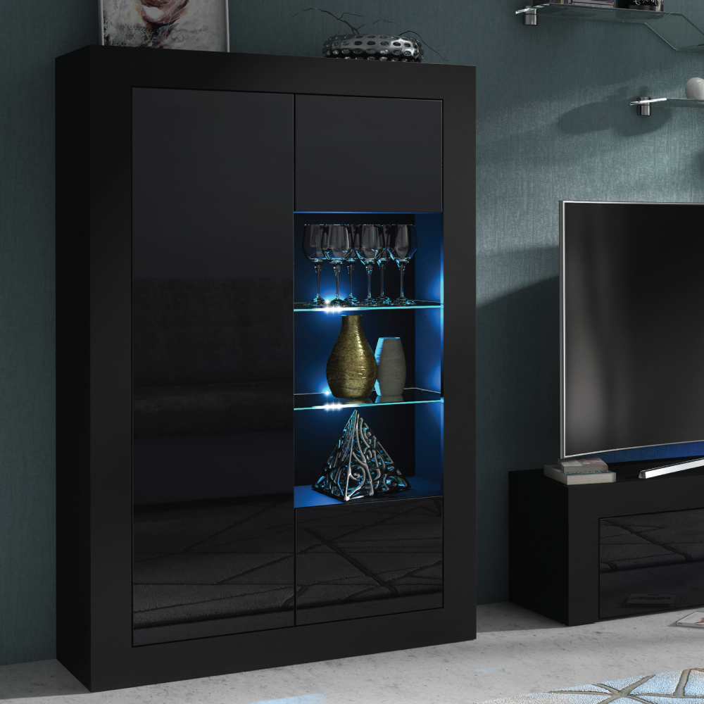 Display Cabinet 140cm | Sideboard | Black| Black Gloss Doors | Free LED |⭐⭐⭐⭐⭐