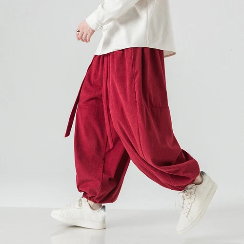 Pantalones harén holgados de pana para hombre calce suelto estilo chino pantalones informales largos - Imagen 1 de 17