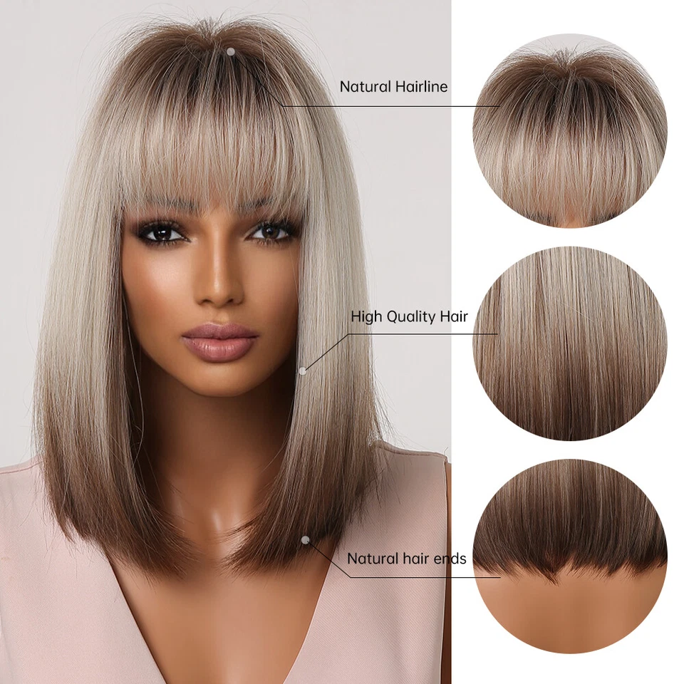 Pelucas sintéticas rectas cortas para mujer rubia a marrón ombre bob peluca con flequillo Foto 3 de 4