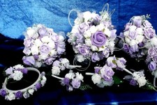 Liliowy/Biały - Bukiety kwiatów ślubnych/Gorset/Otwór na guziki/Opaska na głowę 