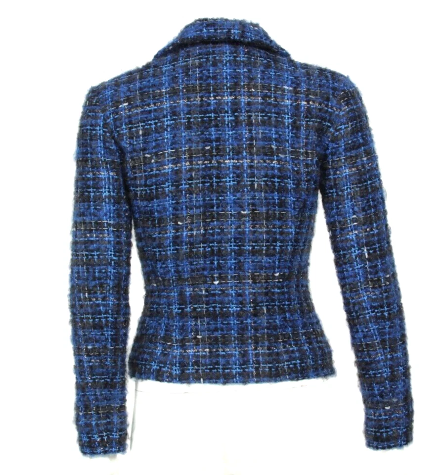 Chaqueta Blazer IRO Skye Tweed Boucle Mezcla Mohair Tejida Moto Azul Negra 36/851 Foto 4 de 4