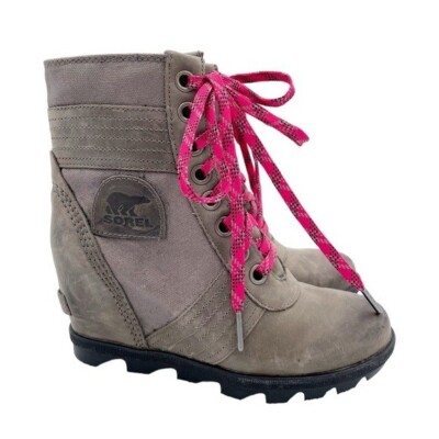 Sorel Lexie Wedge Boots Quarry Grey Fuchsia Pink Lace Up Winter Booties  Size