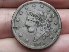 1838 Matron Head Large Cent Penny- VF/XF Details, Reverse Die Crack/Break