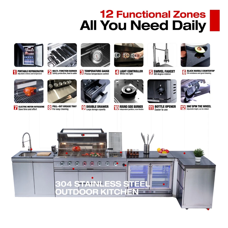 157" 6-Burner 96000BTU Outdoor Kitchen Bar Barbecue Island Grill w/Cooler & Sink - Image 3 of 4