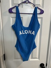 Old navy women  s medium one piece swimsuit aloha blue with white lettering