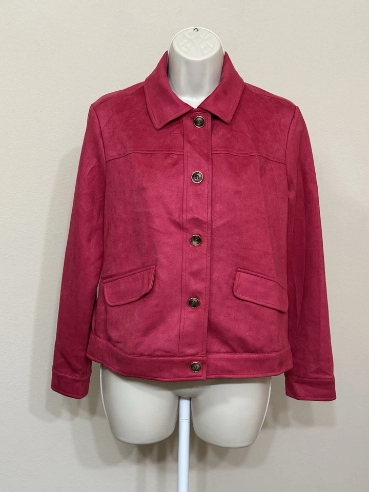 Chicos Women’s Pink Long Sleeve Button Up Collared Faux Suede Short Jacket 4-6 - Image 3 of 4