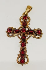 Vintage Ruby Red Garnet Gold Tone Christian Cross Pendant Religious
