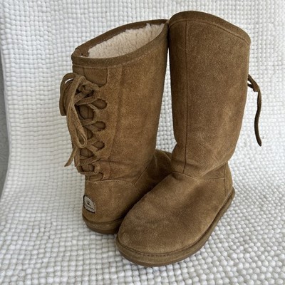 Bearpaw Phylly Youth Size 2 Boots Suede Lace Up Back Slip On Tan Sherpa Lined