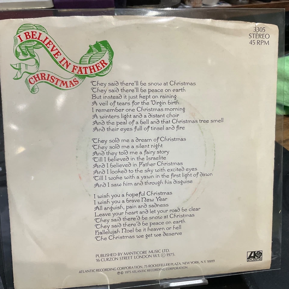 GREG LAKE 7" I BELIEVE IN FATHER CHRISTMAS 1975 MONO/STEREO PROMO M/ VG+ ELP - image 2 of 3