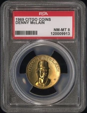 1969 Baseball Citgo Gas Oil Pin Coin DENNY McLAIN Detroit Tigers PSA 8 NM-MT