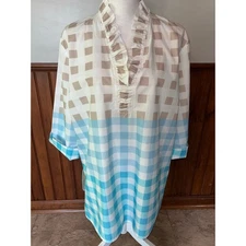 Womens Ming Wang Ruffled Cotton Gingham Blouse Blue Tan 3/4 Sleeve Size XL