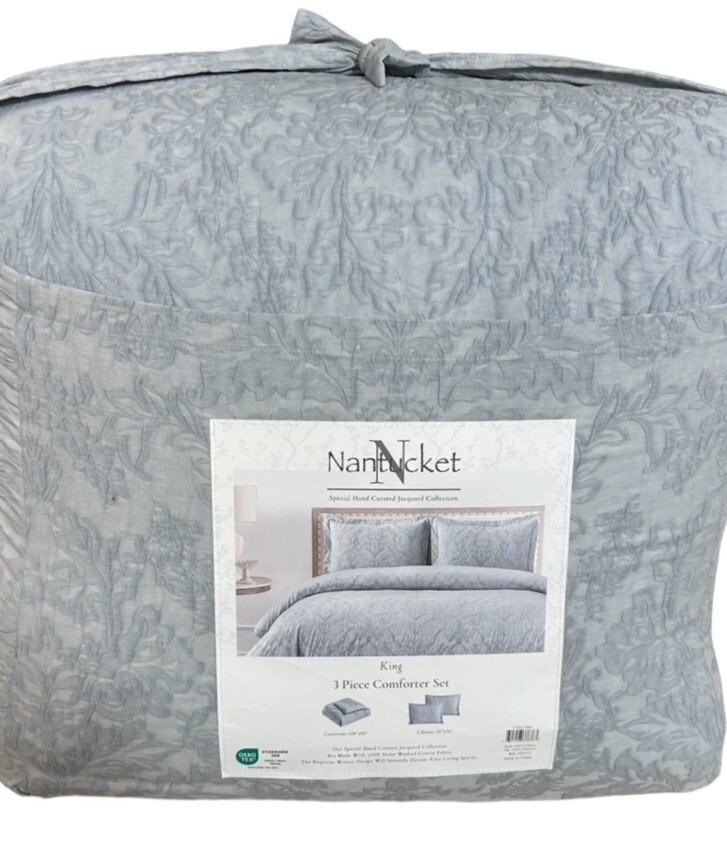 Nantucket Jacquard Blue Stone Washed Cotton King Comforter Set 104”x90