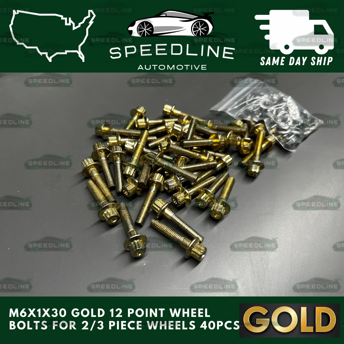 Speedline 40PC M6x1.0x30 Gold 12 Point Wheel Bolts & M6 Nuts For 2