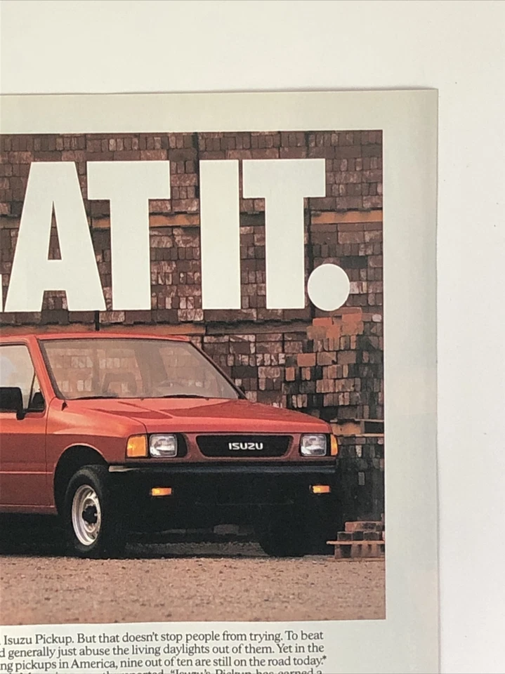 Camioneta pickup Isuzu 1991 anuncio impreso $7999 valor fiabilidad - vencer de colección años 90 roja Foto 3 de 4