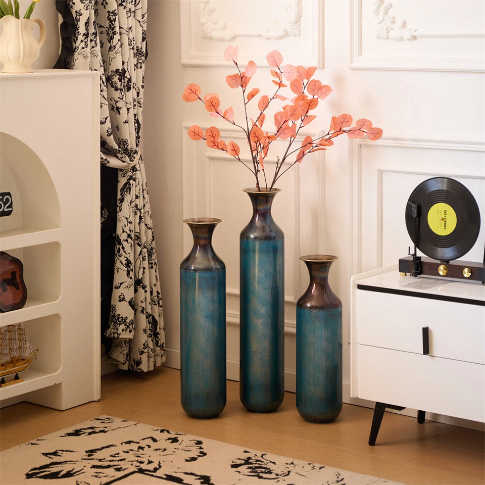 Jarrón de metal esmaltado decoración hogar gota en forma de jarrón de metal azul aguamarina conjunto de 3 piezas Foto 4 de 4