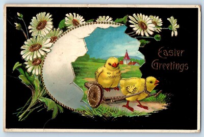 Easter Postcard Greetings Baby Chicks Daisy Flowers Hatched Egg Gel Gold Gilt