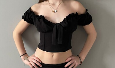 Edge Street Ruffle Trim Off Shoulder Tie Front Milkmaid Crop Top Black Size 4