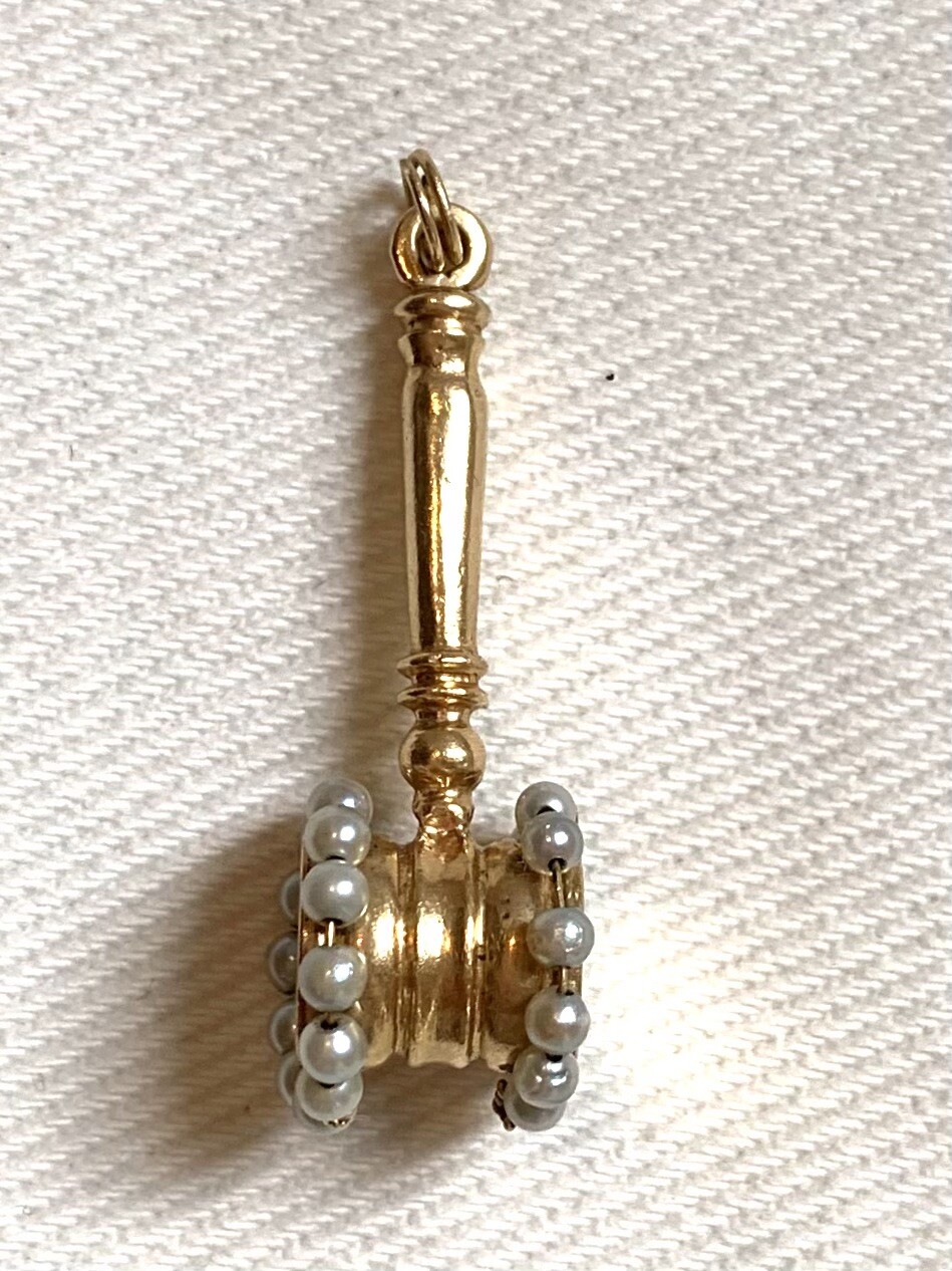 14K Gold Seed Pearl Gavel Mallet Vintage Charm Pendan… Gem
