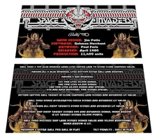 Bally Space Invaders Pinball Custom Apron Info and Instruction Cards