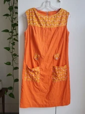 Vintage 60s Orange PSYCHEDELIC Cotton Floral Mini MOD GO-GO House Dress S Twiggy