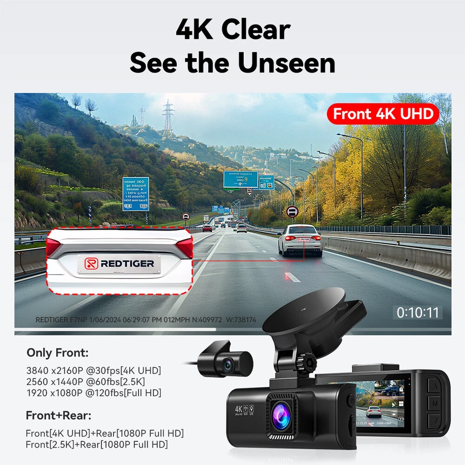 REDTIGER 4K Dash Camera Front and Rear Dash Cam WiFi With 32GB Card,Hardwire kit - image 2 of 4