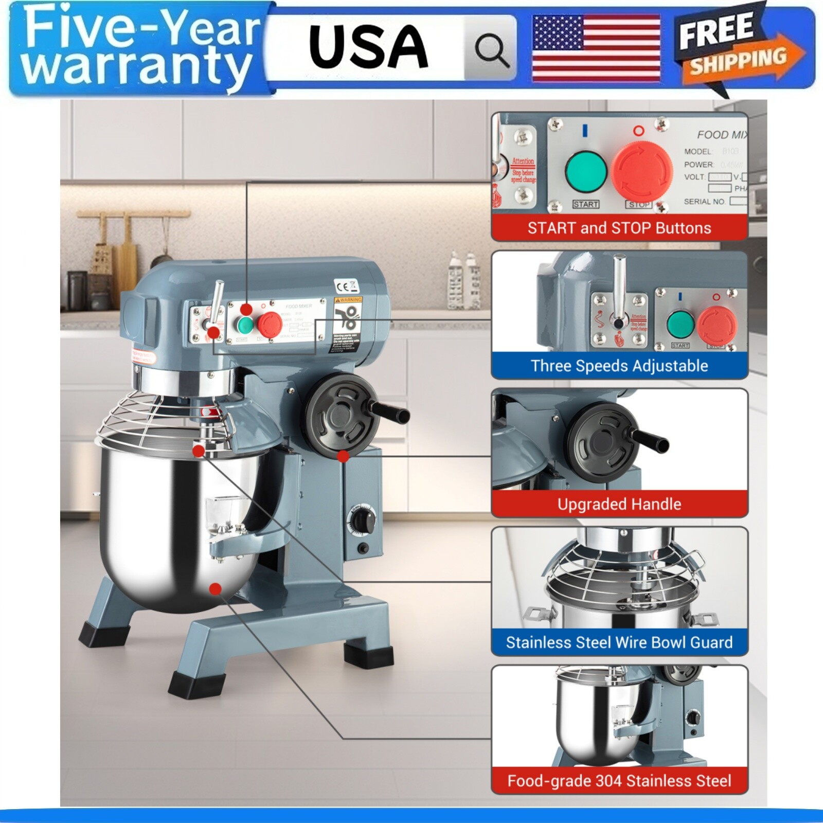 15Qt 600W Commercial Stand Mixer with Stainless Steel Bowl & Safety Guard