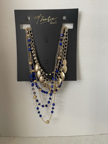 Thalia Sodi goldfarbene blaue & goldene Perlen mehrreihige Statement Halskette Strass - Bild 5 von 5