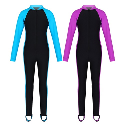 UK Kids Girls Zipper Up Swimsuit Swimwear Full Body Stirrups Wetsuit Beachwear - Picture 2 of 15