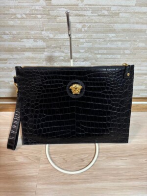 Versace Croc Embossed Clutch Bag Medusa Gold Logo Black