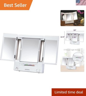 Portable Lighted Makeup Mirror - Tri-Fold with 5X Magnification & Power Outlet
