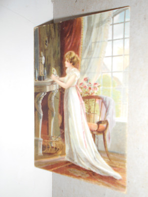 Artist postcard I think your woman, room, fireplace, clock, picture, window, flowers, chair not gel