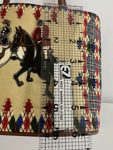 Bueno Borsa Equitazione Cavallo da Corsa Jockey Tessuto Marrone Ecopelle Argyle Perline - Foto 10 di 12