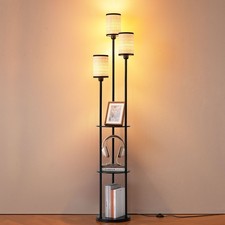 70" Tray Table Floor Lamp 3 Rattan Shades Wood Shelves Foot Switch Modern Black