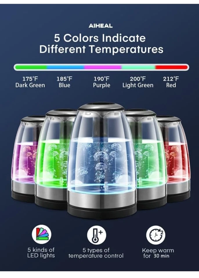 Hervidor eléctrico de vidrio 1,7 L, caldera de agua caliente con 1500 W de ebullición rápida/5 ajustes preestablecidos Foto 4 de 4