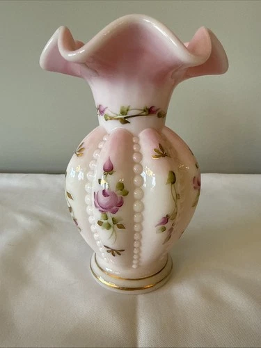 Fenton Rosalene Charleton Collection Hand Painted Beaded Melon Vase 2002 Signed