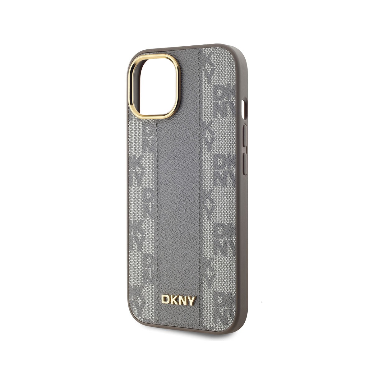 Coque DKNY pour iPhone 15 en simili cuir à damiers chic noir et or