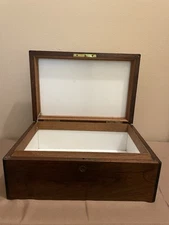 Vintage Dark Wood Humidor Cigar Box With White Glass Lining, 12”x8”
