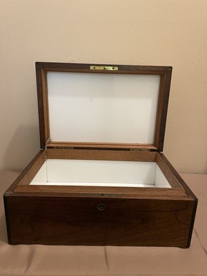 Vintage Dark Wood Humidor Cigar Box With White Glass Lining, 12 x8 