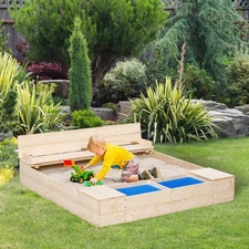 Kids Wooden Sandbox Children Outdoor Backyard Playset w/ Bench Buckets Sandpit