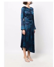 NWT Ganni Silk Asymmetric Ruched Floral Midi Dress in Blue, Size 40/US 8