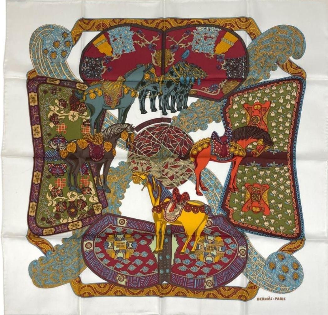 HERMES, カレ90 ART des STEPPES HERMES Carre 90 ART des STEPPES Silk Scarf white Multicolor No Box