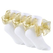 3 Pairs Girls Ruffle Socks Big Double Lace Frilly Trim Dress 8-10 Years Gold