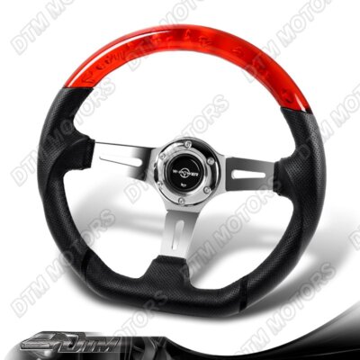 W-Power 13.5'' Red Crystal Bubble/Leather 6-Hole Chrome 3-Spoke Steering Wheel