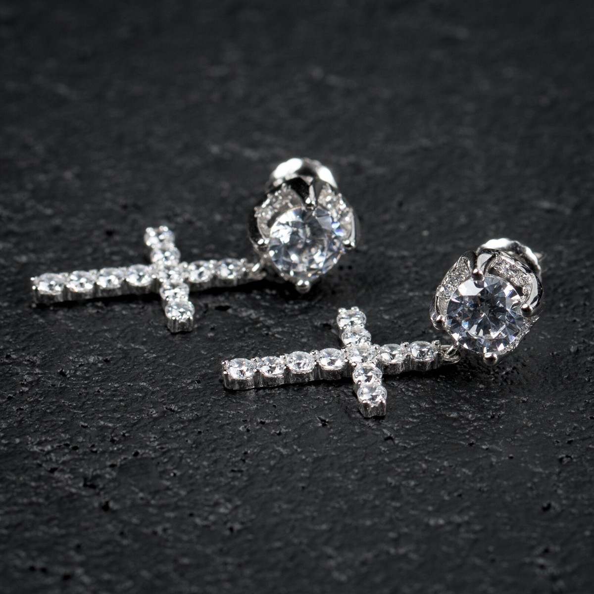 Round Cz Iced Sterling Silver Stud Cross Dangle Drop Hoop Round Cz Iced Sterling Silver Stud Cross Dangle Drop Hoop